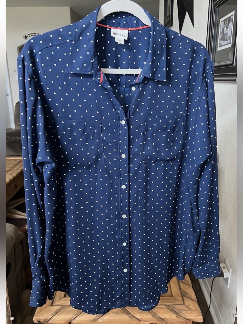STYLUS L Navy White Polka Dot Long Sleeve Blouse